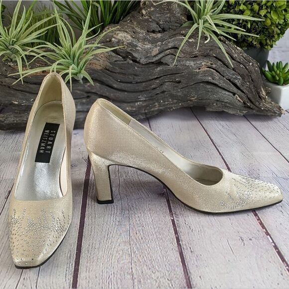 Vintage Stuart Weitzman Champagne Satin Rhinestone Pumps - Size 7 AA (Na… - Picture 3 of 9
